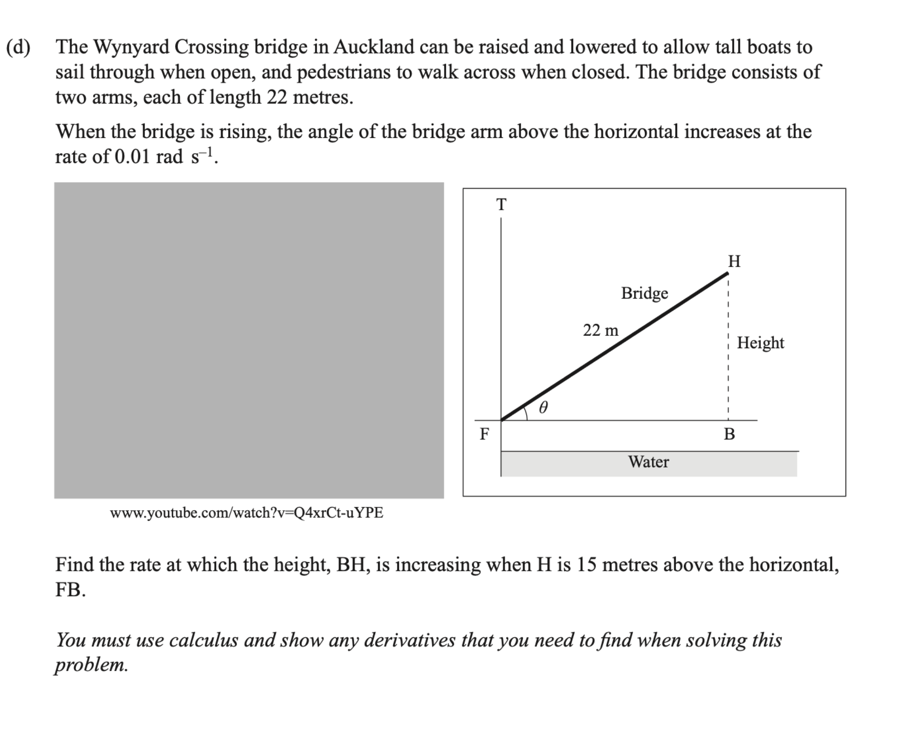 Scanned exam prompt asking for the rising speed of a 22-metre bridge arm; includes a labelled bridge diagram.
