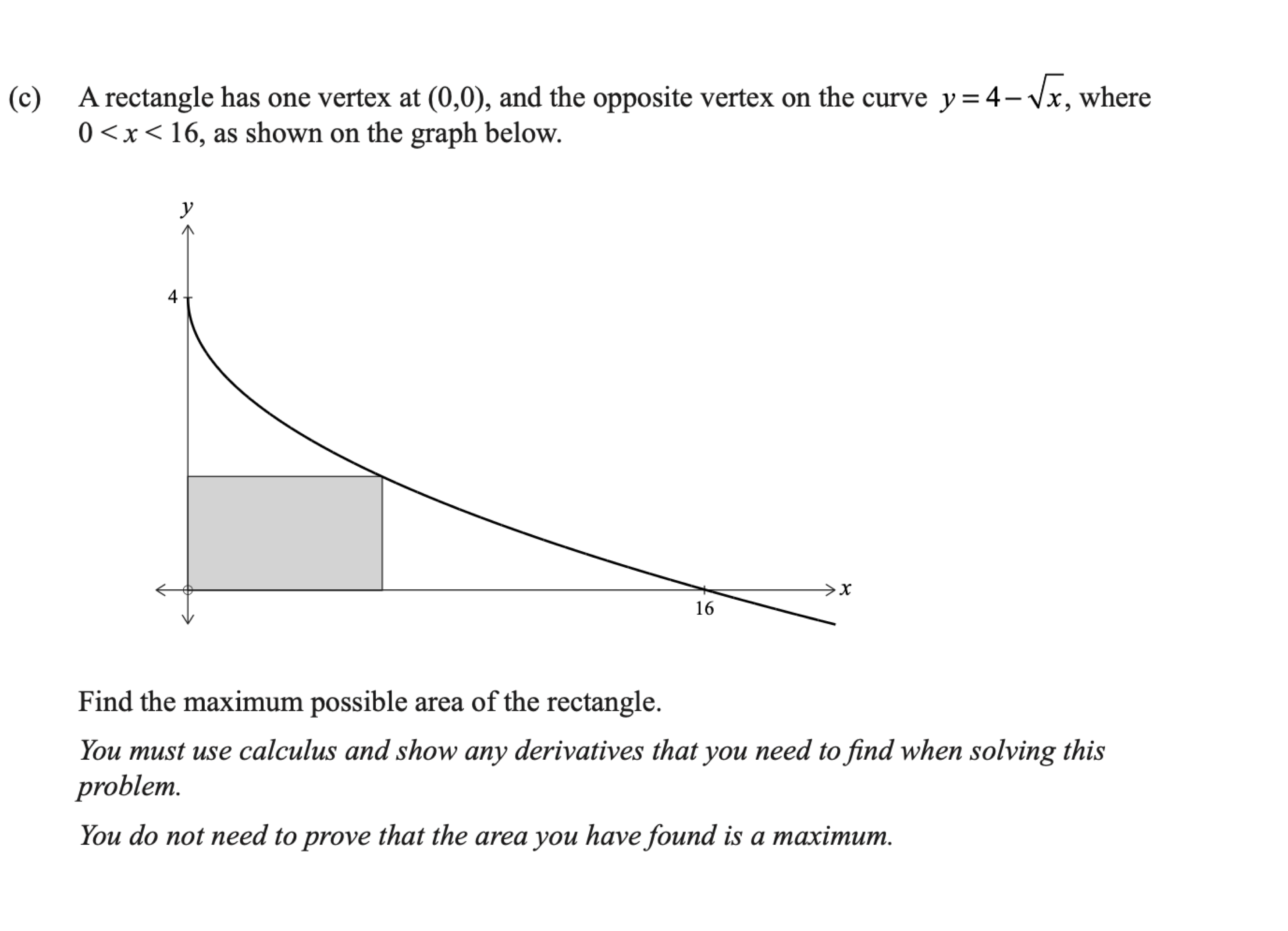 Scanned exam prompt asking for the maximum area of a rectangle under y equals 4 minus the square root of x; includes a graph.